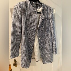 Zara Women's Blue and White Tweed Blazer